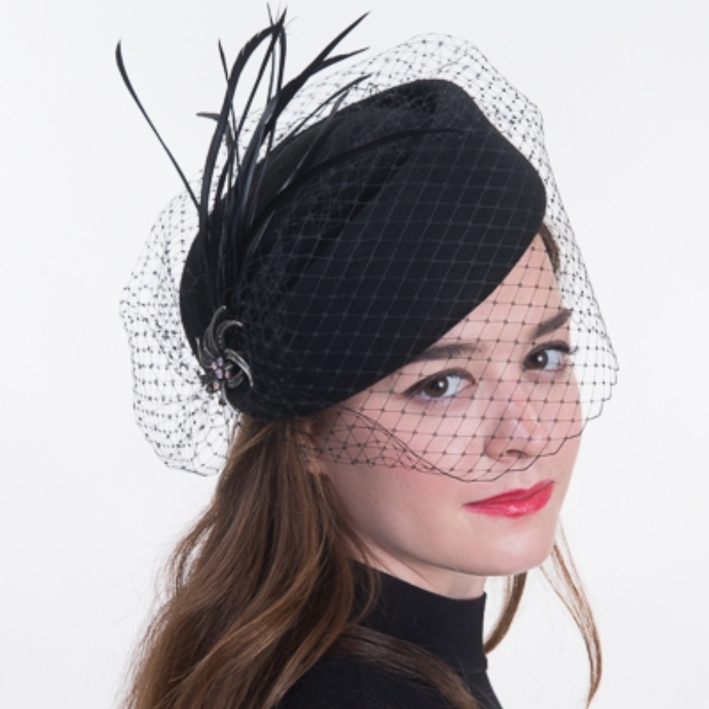 Beloved Millinery Elegant Couture Black Feather Veil Pillbox Hat Church Funeral